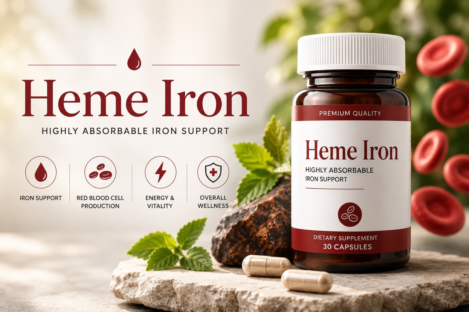 Heme Iron – Highly Absorbable Iron Support for Healthy Hemoglobin, Energy & Iron Levels