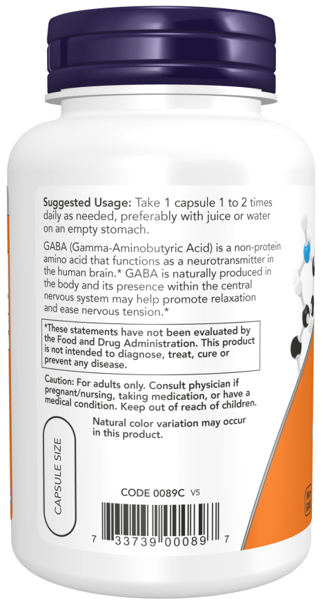 GABA 750 mg | NOW® | 100 Veg Capsules
