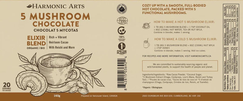 5 Mushroom Chocolate Powder | Harmonic Arts | 160 gr or 480 gr