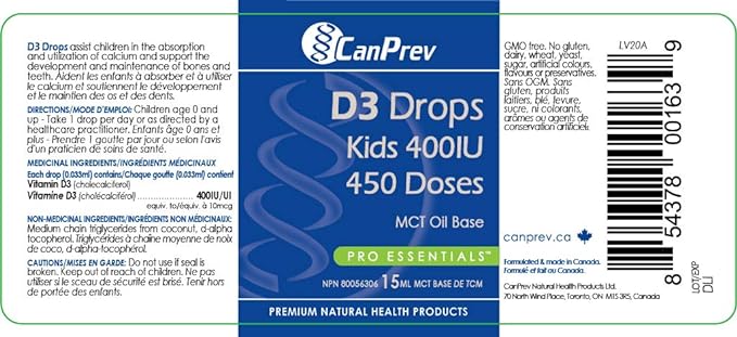 D3 Drops Kids 400IU MCT Base | CanPrev | 15 mL