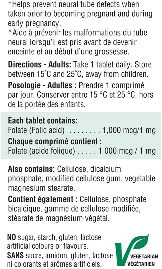 Folic Acid 1,000 mcg  | Jamieson™ | 100 Tablets