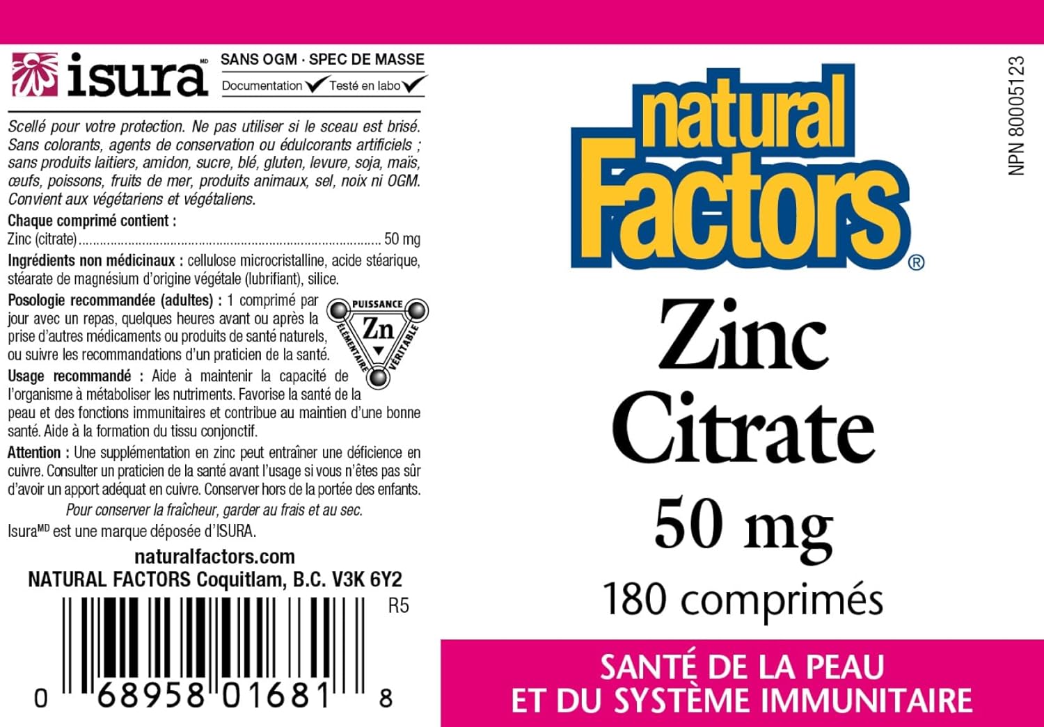 Zinc Citrate 50mg  | Natural Factors® | 90 or 180 Tablets