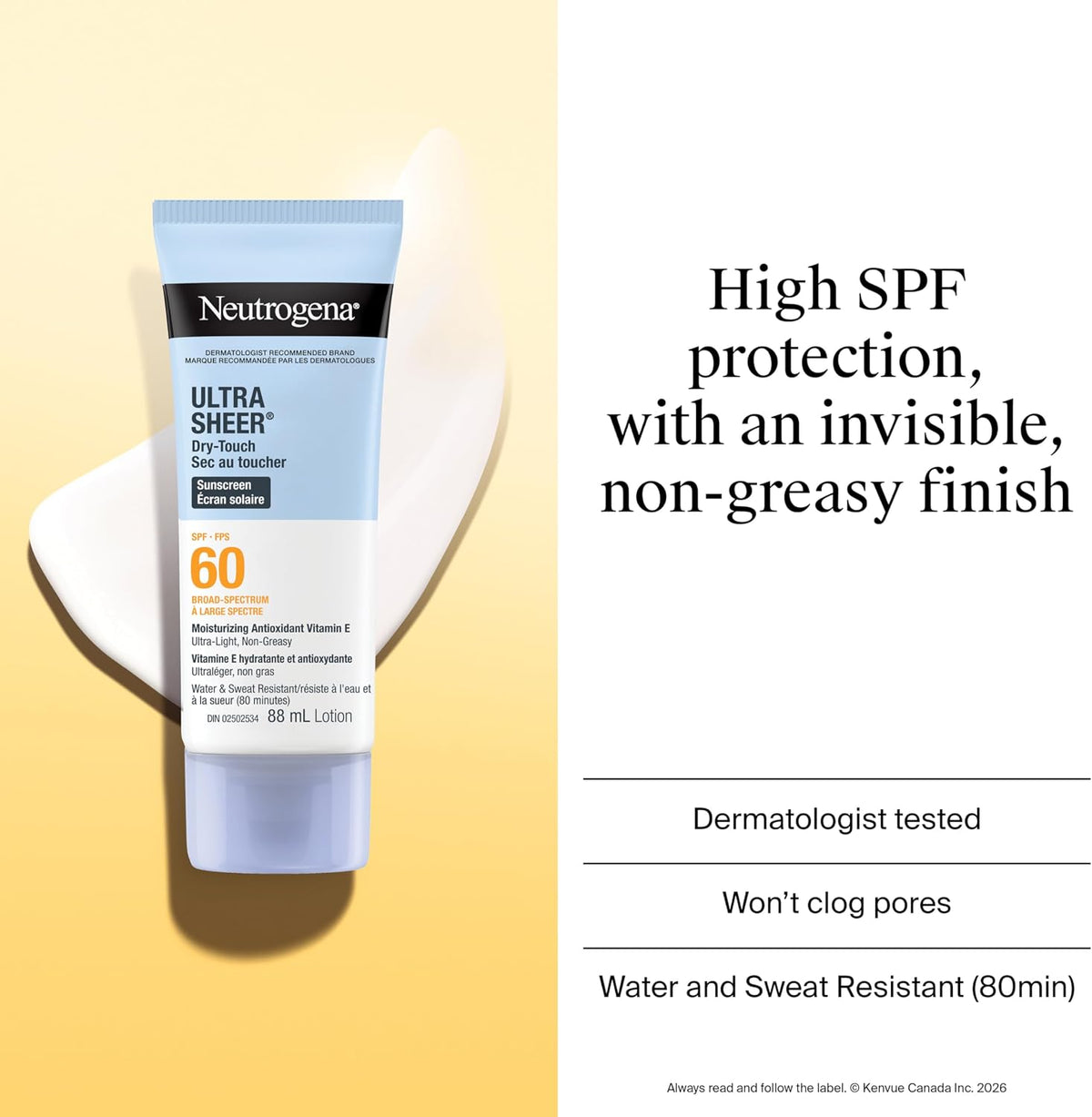 Ultra Sheer Dry-Touch Sunscreen Lotion SPF 60 by Neutrogena® – Broad-Spectrum UVA/UVB Protection | 88 mL
