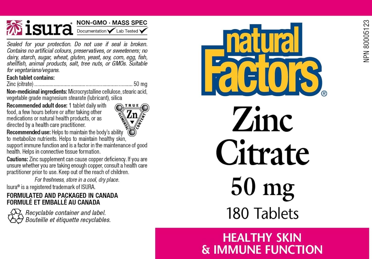 Zinc Citrate 50mg  | Natural Factors® | 90 or 180 Tablets