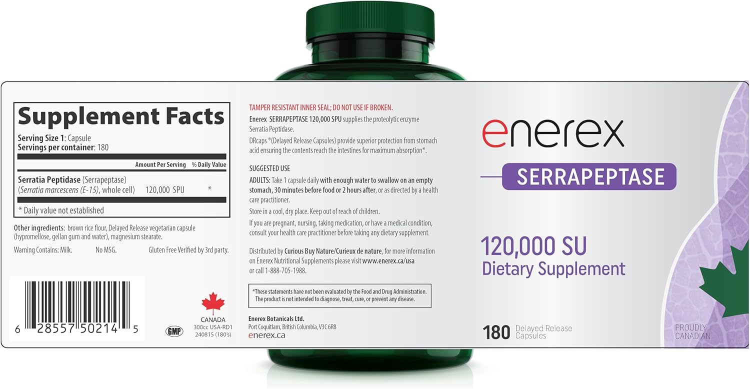 Serrapeptase 120,000 SU by Enerex® – Systemic Enzyme for Inflammation & Mucus Support | 60 OR 180 Delayed-Release Capsules