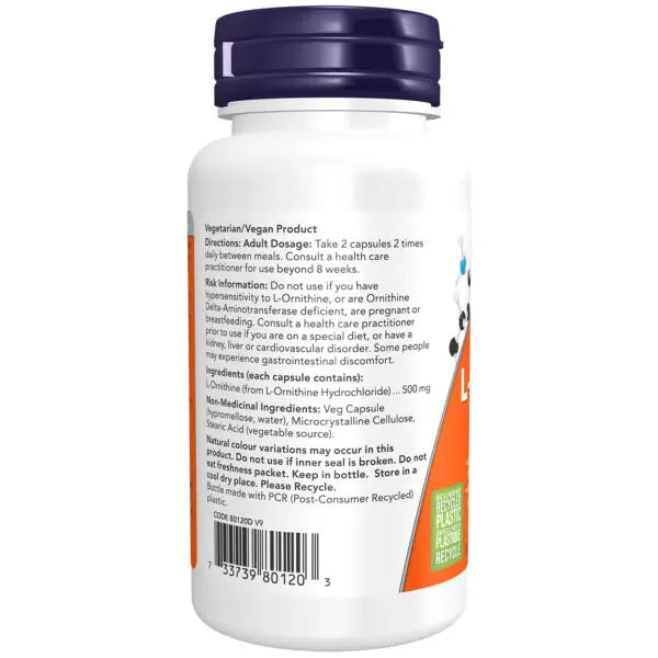L-Ornithine 500 mg | NOW® | 60 OR 120 Capsules