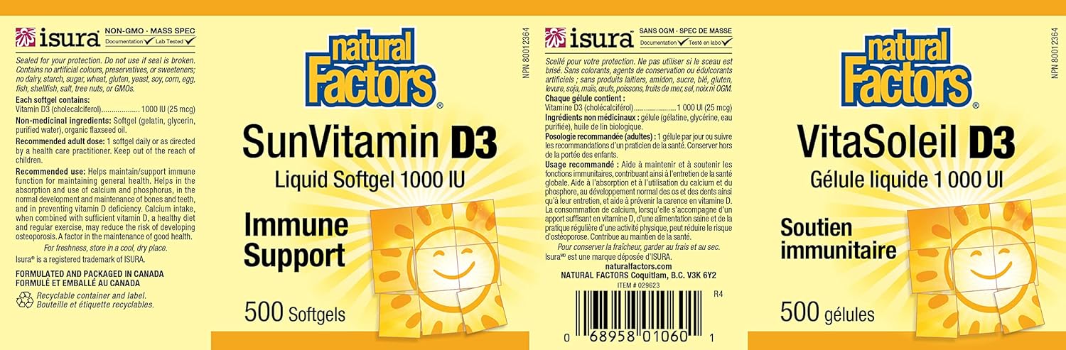 SunVitamin D3 Liquid Softgel 1000 IU | Natural Factors® | 180, 360 , 500 Softgel