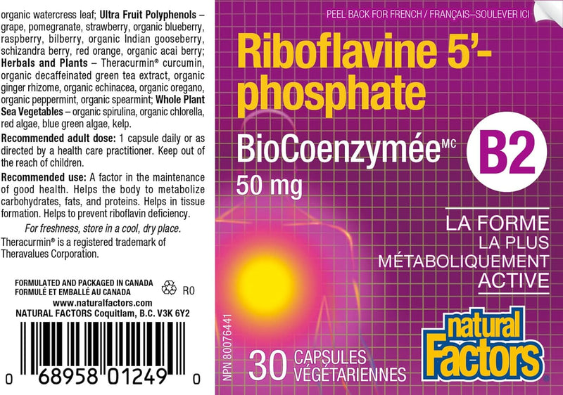 BioCoenzymated Riboflavin 5’-Phosphate B2 50 mg  | Natural Factors® | 30 Vegetarian Capsules