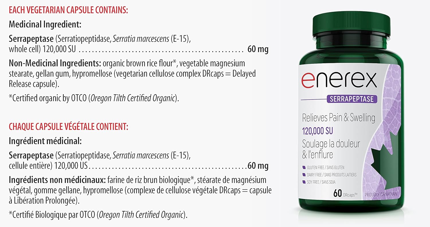 Serrapeptase 120,000 SU by Enerex® – Systemic Enzyme for Inflammation & Mucus Support | 60 OR 180 Delayed-Release Capsules