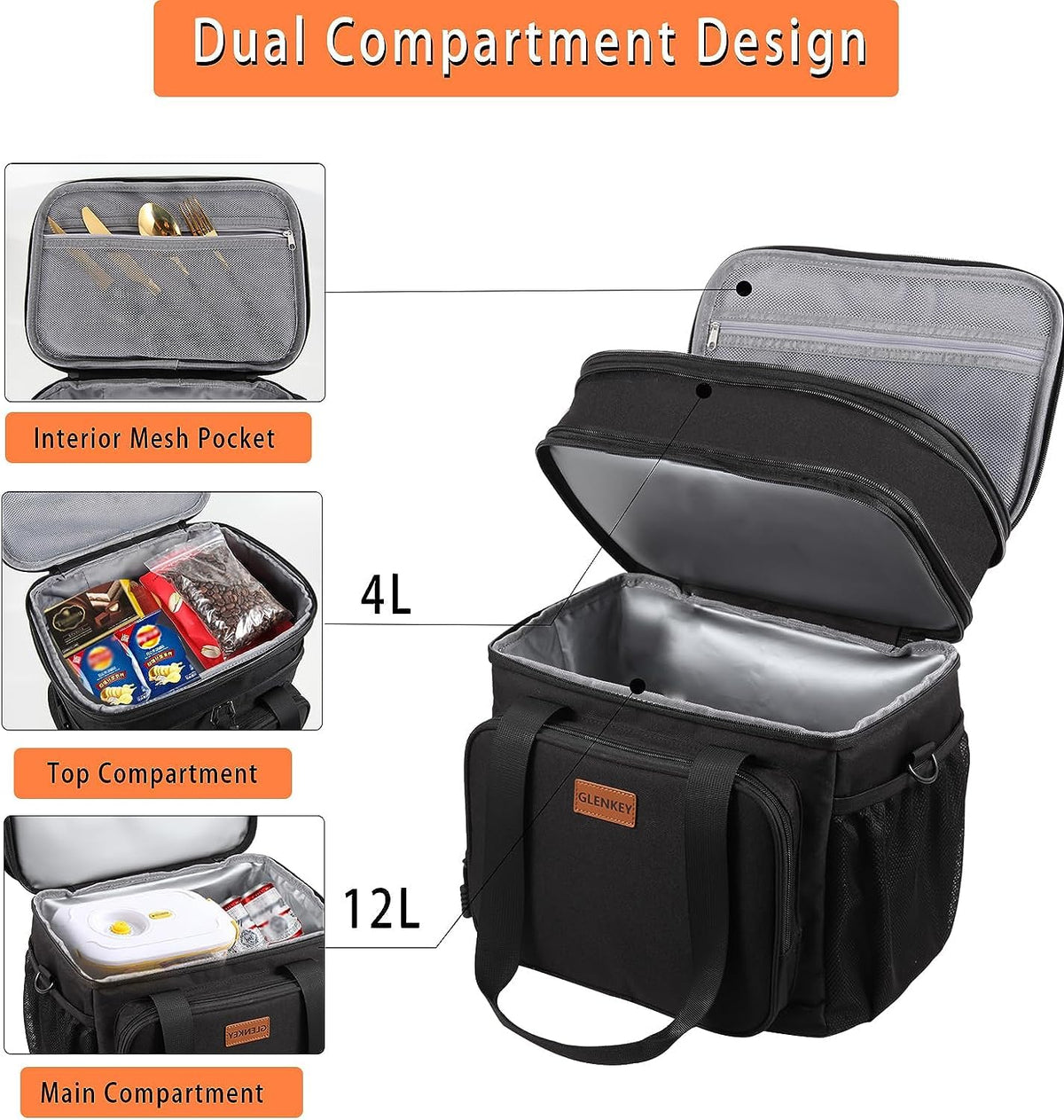 Expandable Large Lunch Bag, Double Deck Insulated Lunch Box Leakproof Durable Soft Cooler Bag for Men Women Adults Work Construction Beach Picnic Daytrip,16L,Black, GLENKEY 🍁 All In One Marketplace Canada