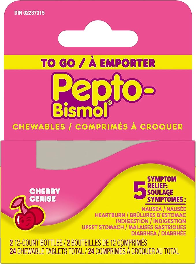 Pepto To-Go Cherry Chewables | Pepto Bismol® | 24 Chewable Tablets