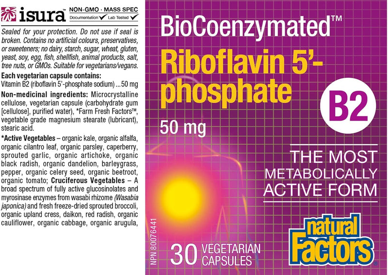 BioCoenzymated Riboflavin 5’-Phosphate B2 50 mg  | Natural Factors® | 30 Vegetarian Capsules