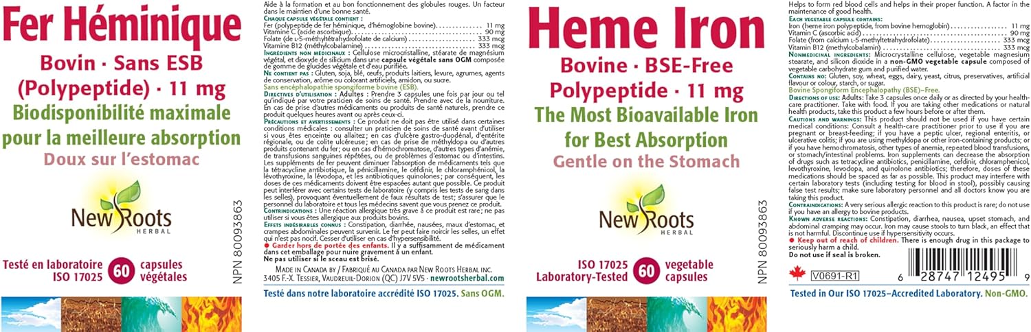 Heme Iron (Bovine) | New Roots HERBAL® | 30 or 60 Veg Capsules
