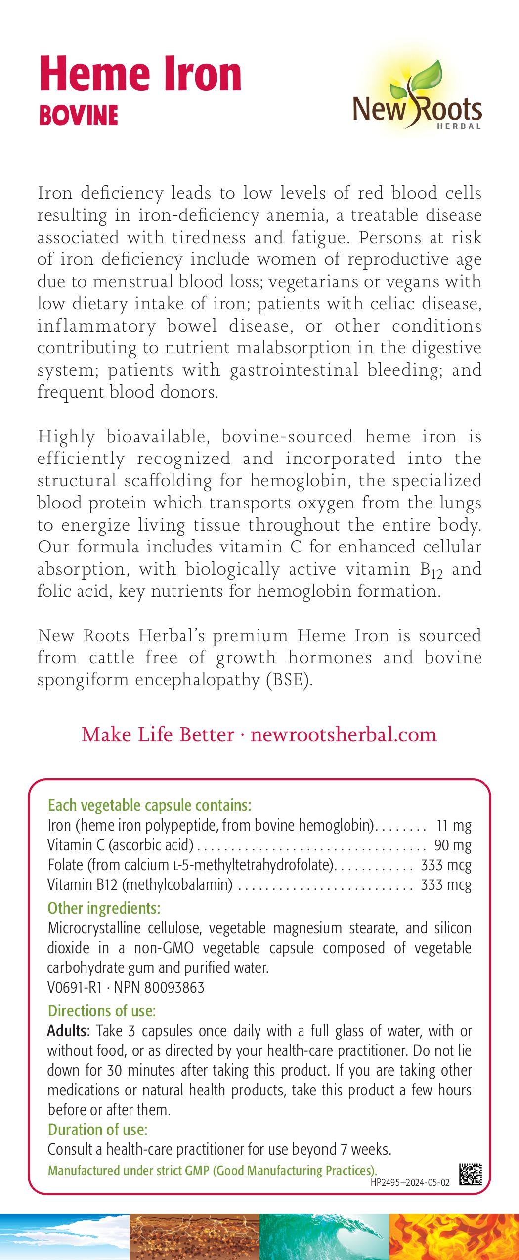 Heme Iron (Bovine) | New Roots HERBAL® | 30 or 60 Veg Capsules