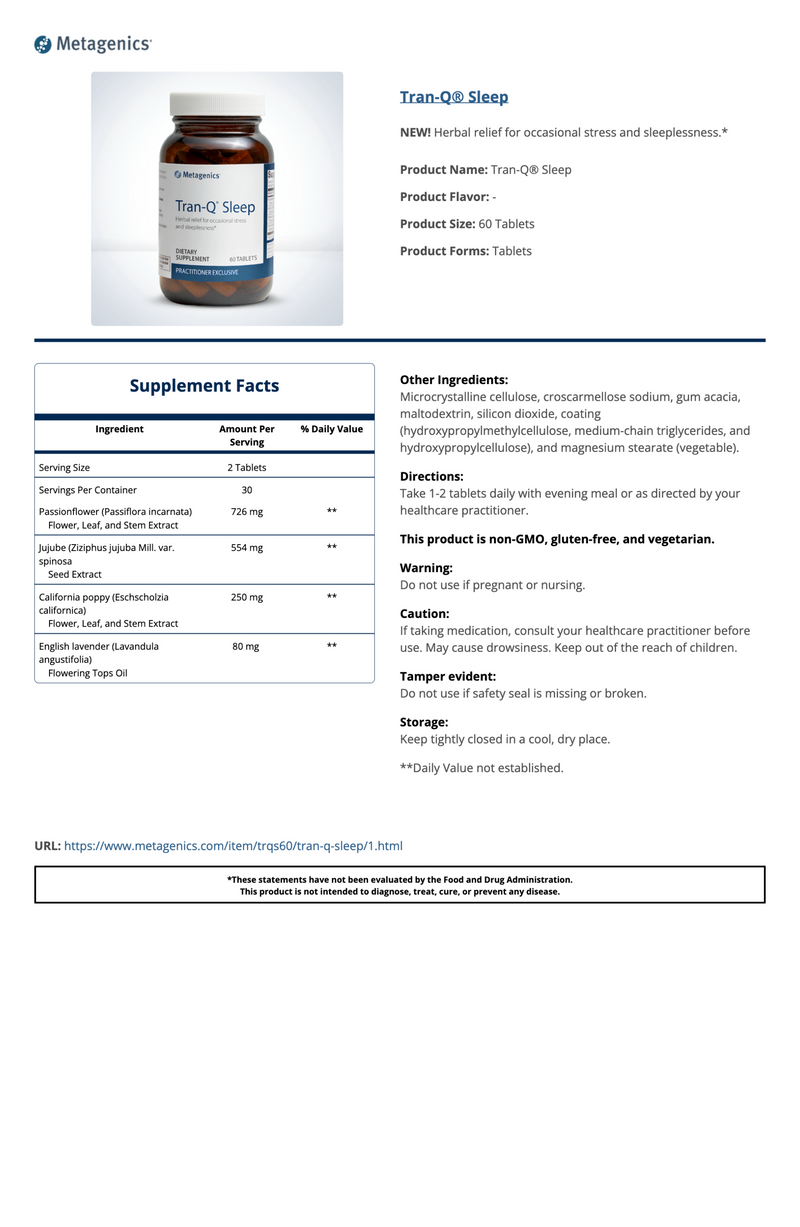 Tran-Q® Sleep | Metagenics® | 60 Tablets