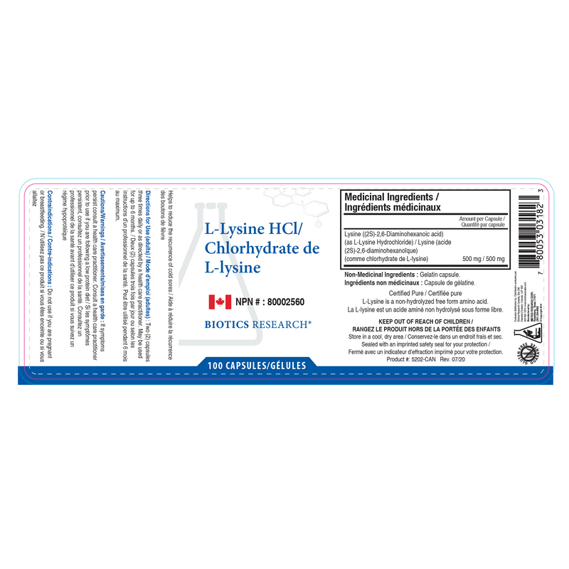 L-Lysine-HCL | Biotics Research® | 100 Capsules