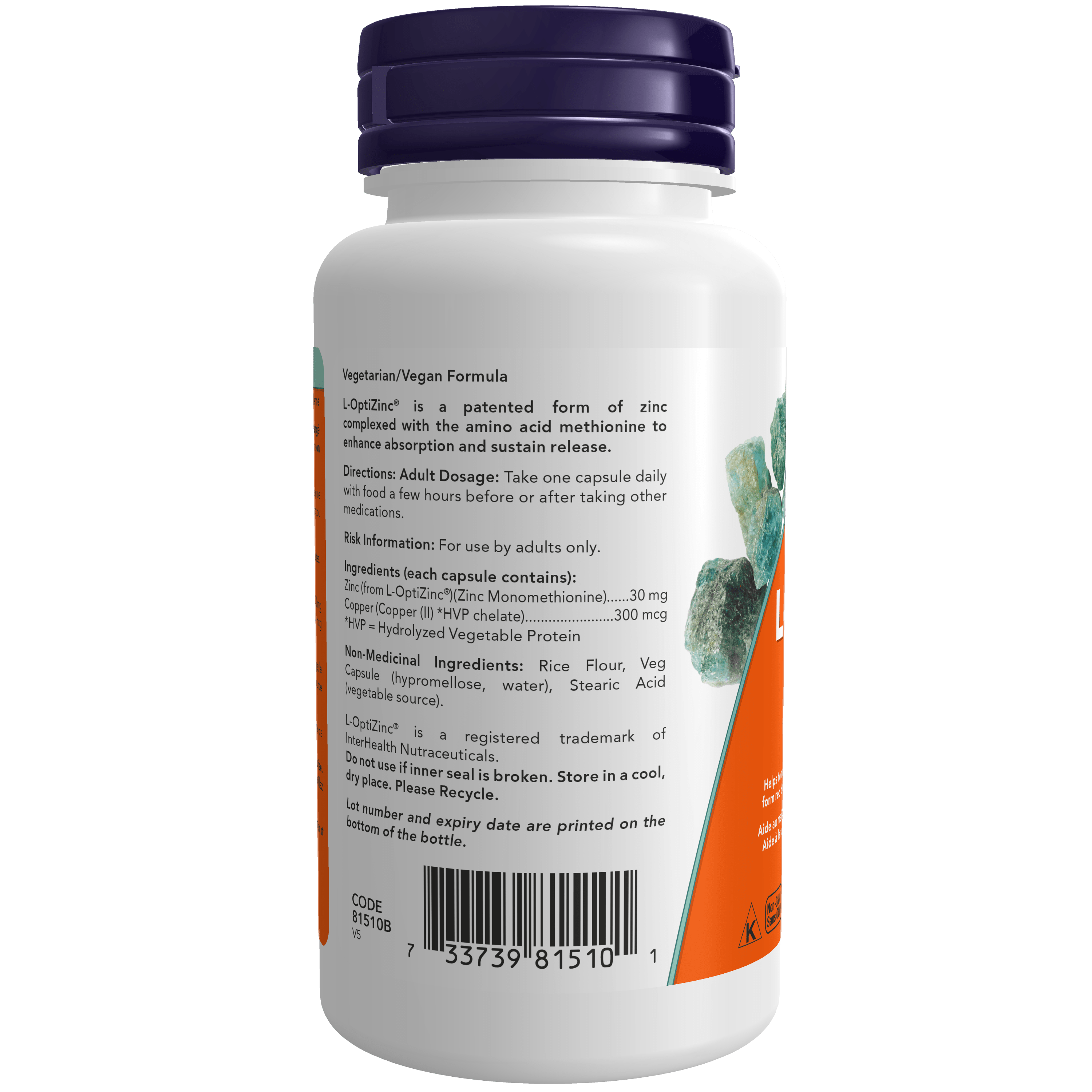 L-OptiZinc 30mg + Copper | NOW® | 100 Veg Capsules