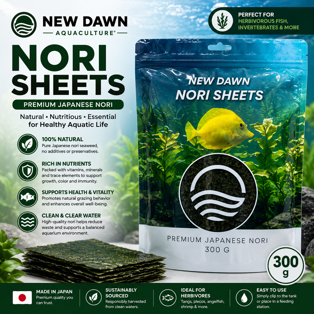Nori Sheets by New Dawn Aquaculture – Natural Seaweed Food for Saltwater Aquarium Fish | Product of Japan