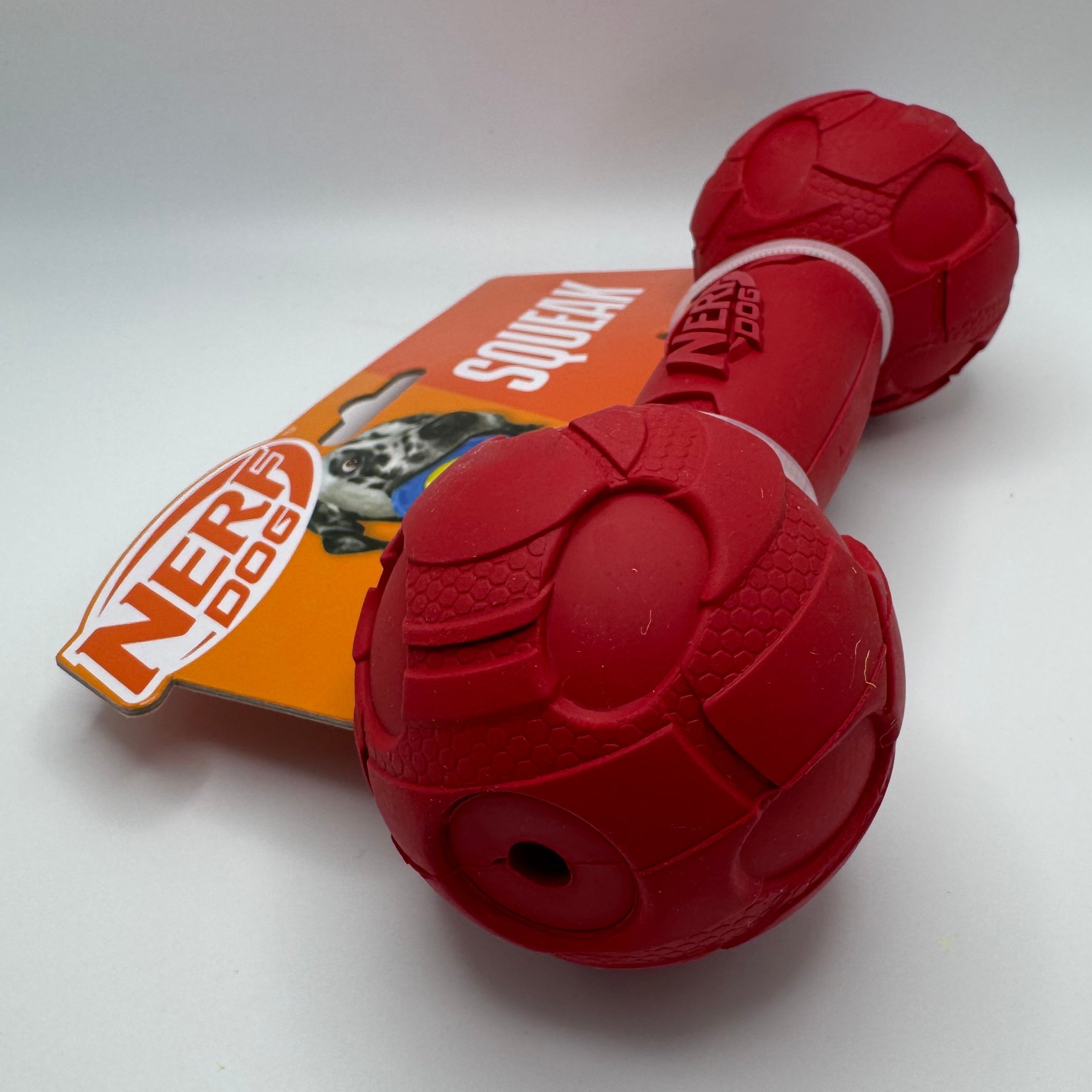 Durable Dog Squeak Barbell Toy – Red for Active Chewers