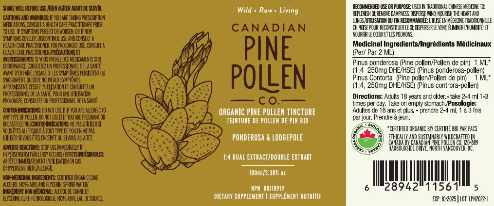 Wild Organic Pine Pollen Tincture 1:4 Extract | Canadian Pine Pollen | 100 mL