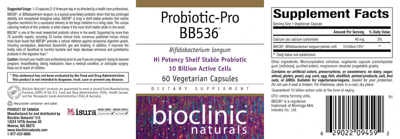 Probiotic-Pro BB536® by Bioclinic® Naturals – 10 Billion CFU Bifidobacterium longum | 60 Vegetarian Capsules