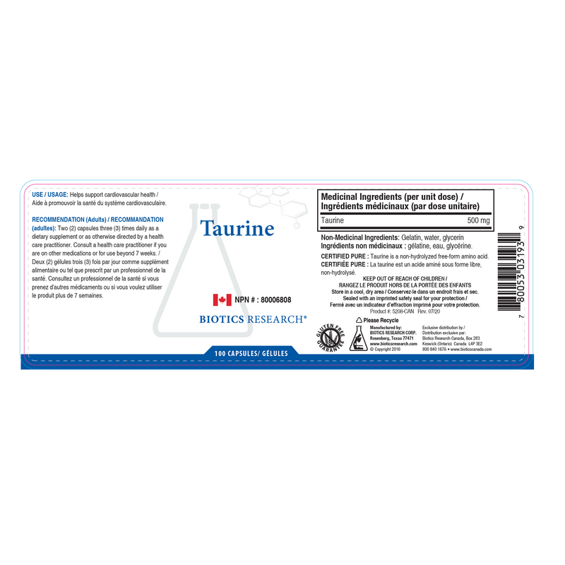 Taurine | Biotics Research® | 100 Capsules