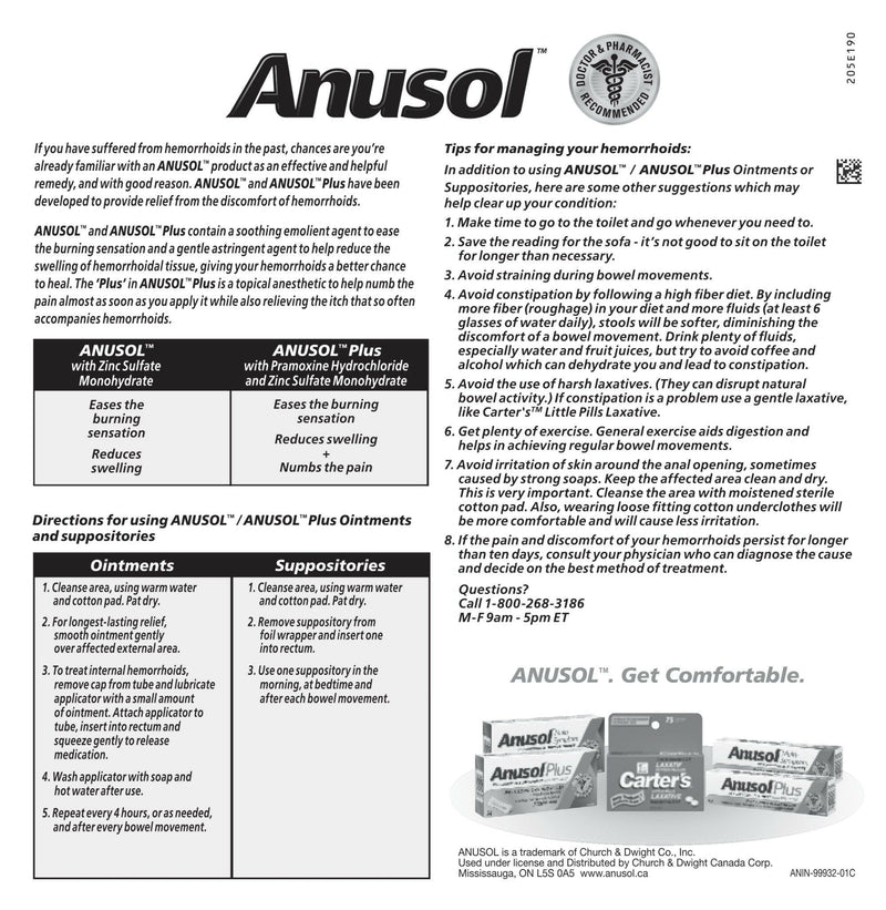 Anusol™ Plus Suppository | Anusol™ | 24 Hemorrhoidal Suppositories - Coal Harbour Pharmacy