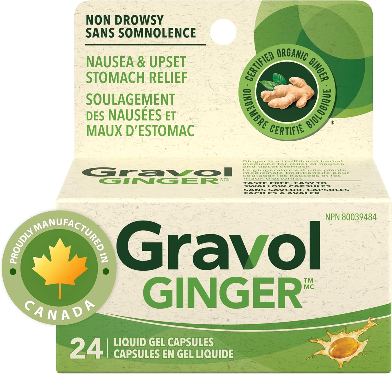 Nausea and Upset Stomach Relief with Organic Ginger Extract | Gravol Ginger™ | 24 Liquid Gel Capsules
