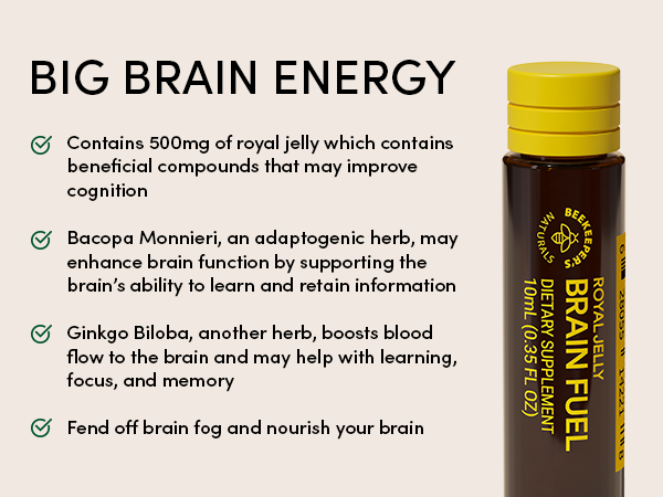 Royal Jelly Brain Fuel | Beekeepers Naturals | 6 or 24 Vial Pack