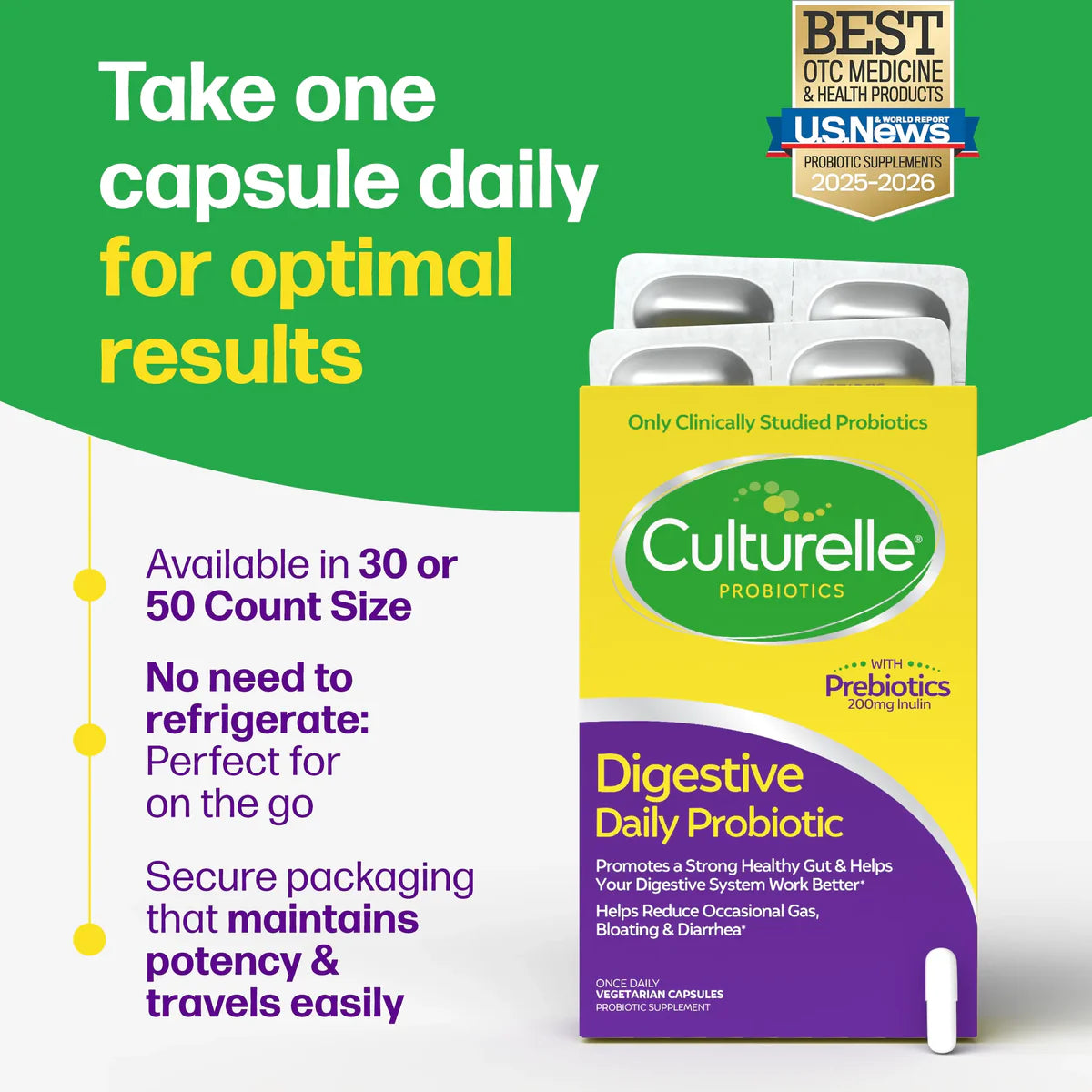 Digestive Daily Probiotic by Culturelle® – Gut Health, Bloating & Digestive Support | 30 Capsules