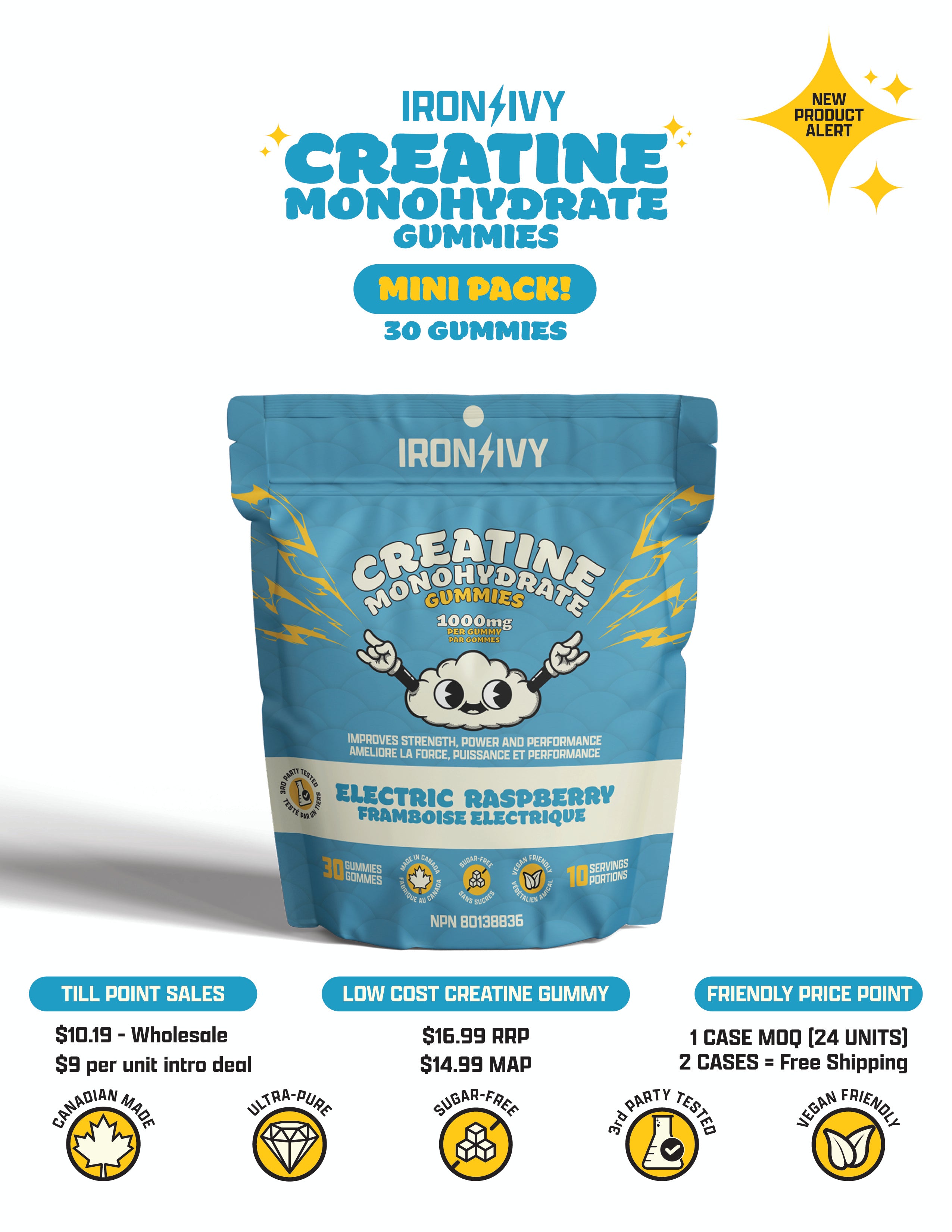 Creatine Monohydrate Gummies 1000 mg Electric Raspberry by Iron Ivy® – Strength, Recovery & Performance Support | 30 OR 120 Gummies