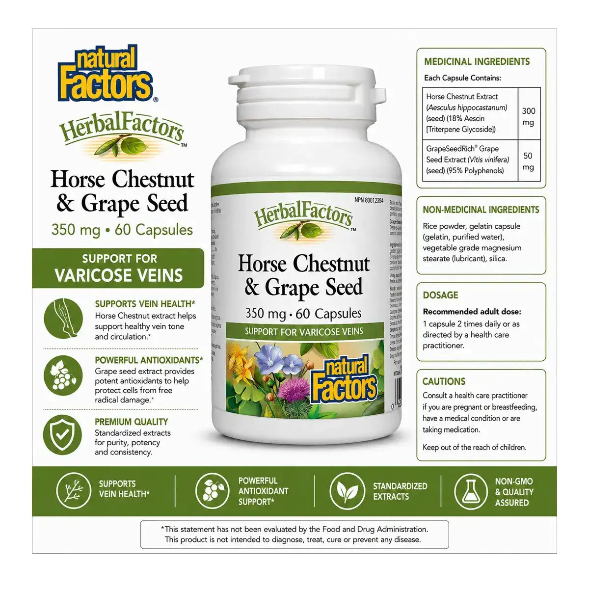 Herbal Factors Horse Chestnut & Grape Seed 350mg | Natural Factors | 60 Capsules