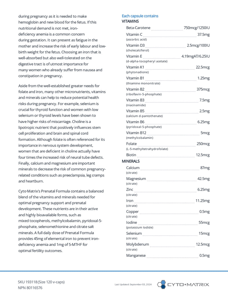 Prenatal Formula | Cytomatrix® | 120 Vegetable Capsules