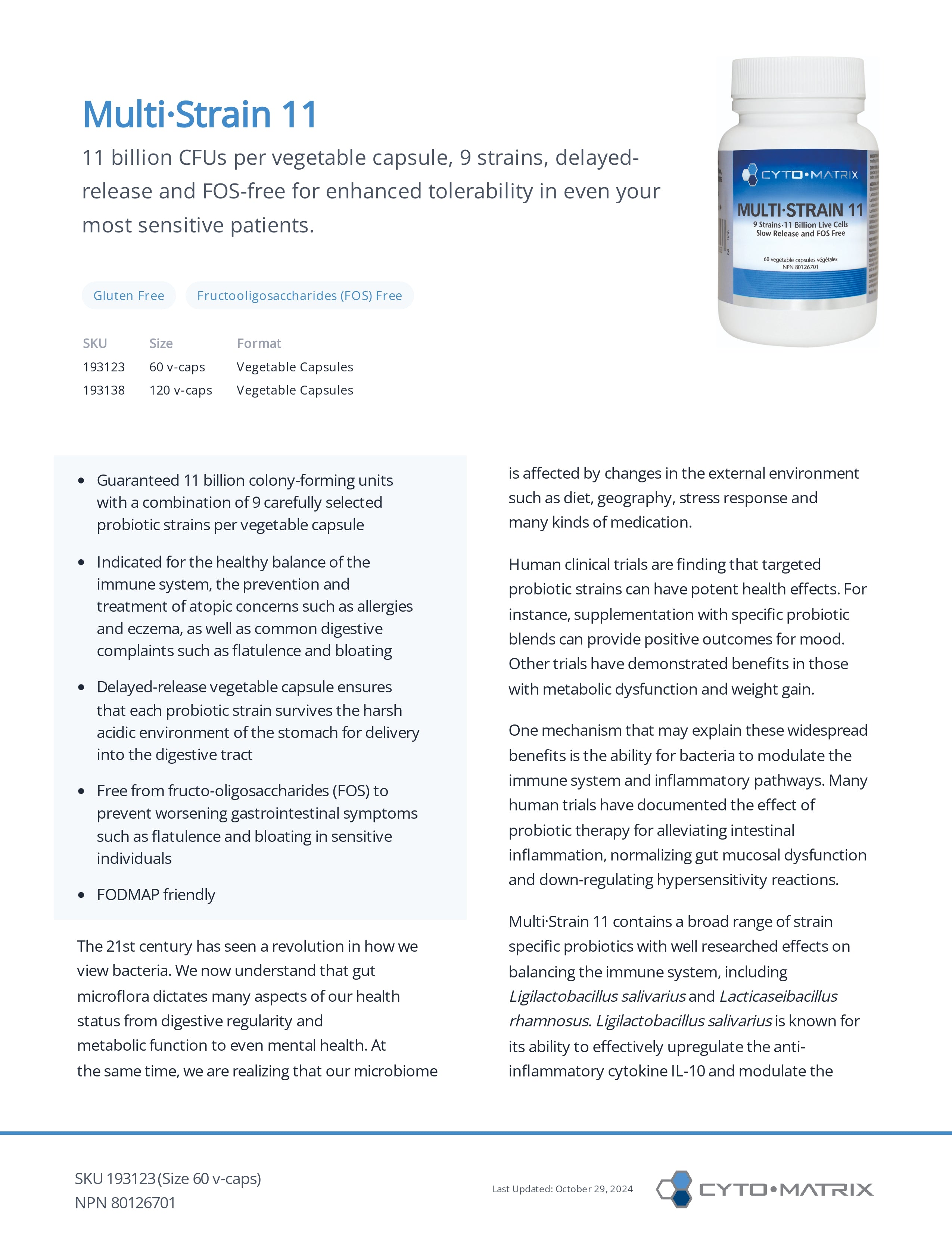 Multi-Strain 11 by Cytomatrix® – 11-Strain Probiotic for Digestive & Immune Support | 60 or 120 Capsules