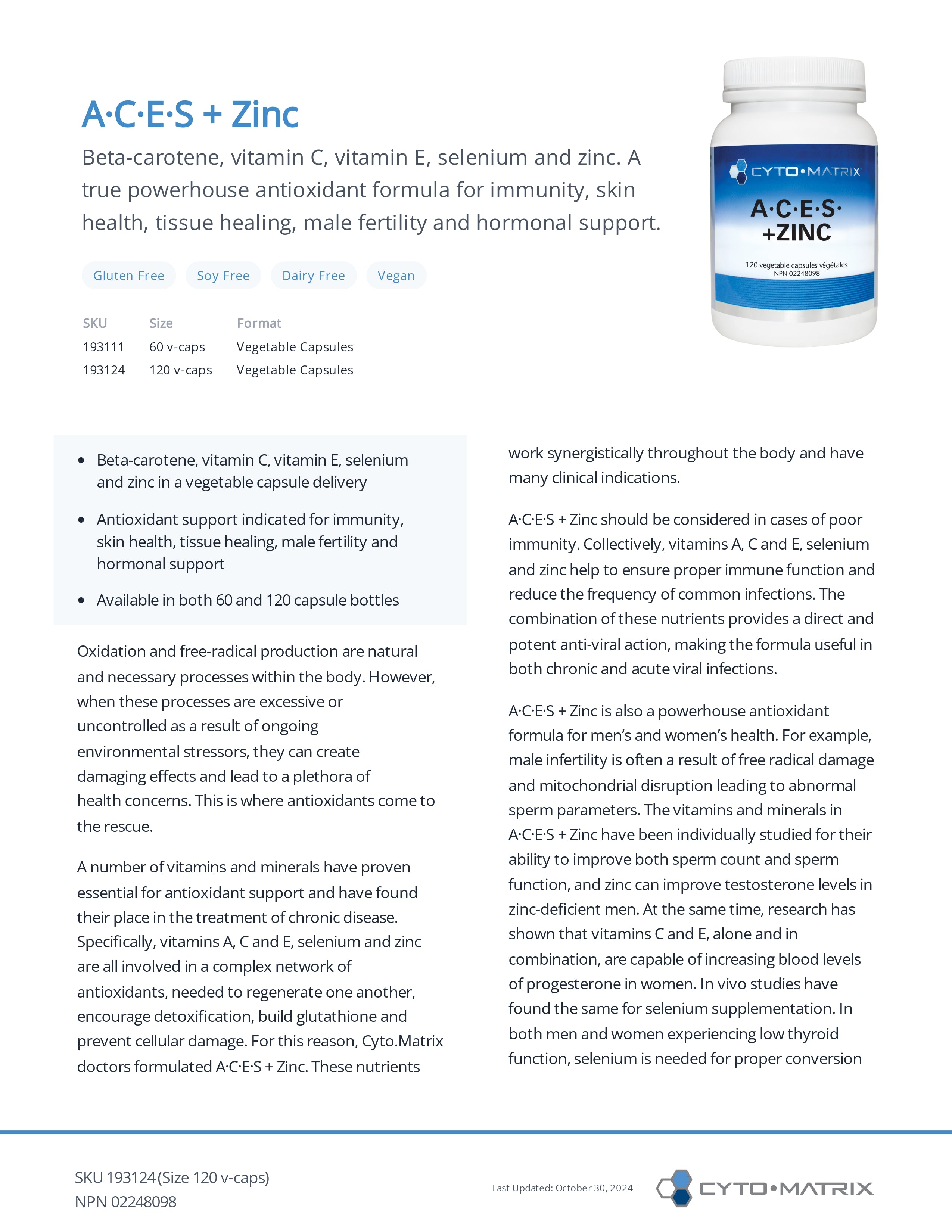 ACES + Zinc by Cytomatrix® – Antioxidant, Immune & Skin Support | 120 Veg Capsules