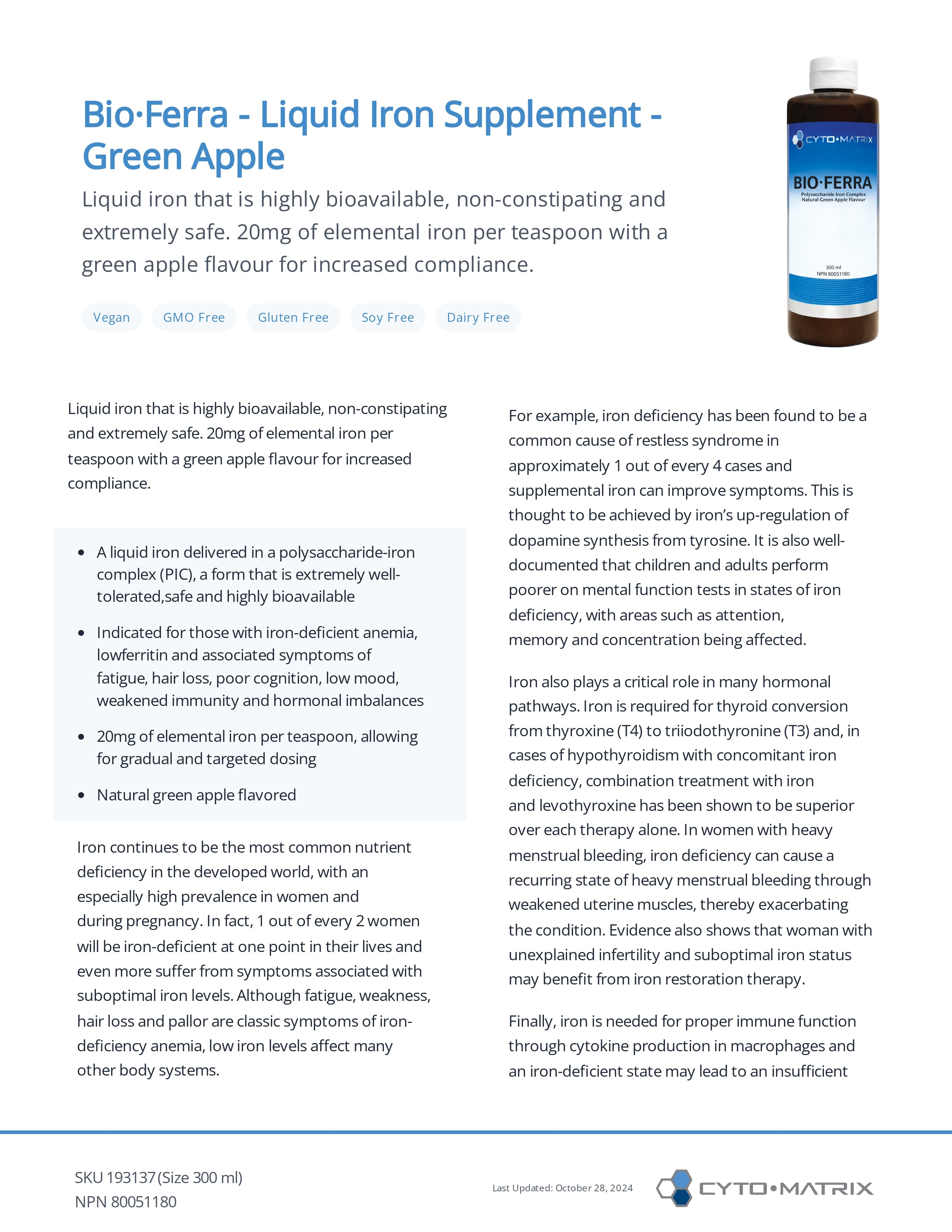 Bio-Ferra Liquid by CytoMatrix® – Gentle, Highly Absorbable Iron Support | 300 mL