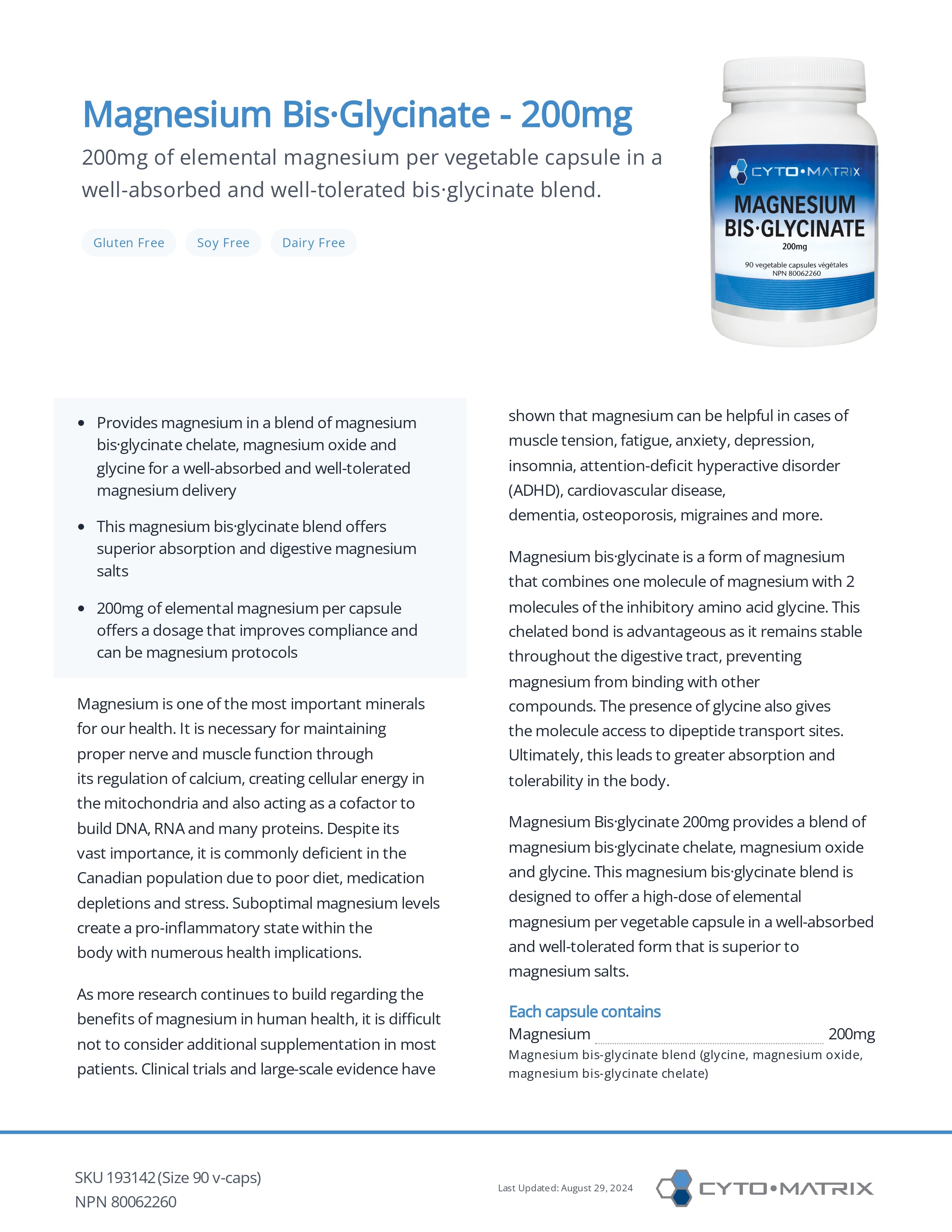 Magnesium Bis-Glycinate 200 mg by Cytomatrix® – High-Absorption Magnesium Support | 90 Veg Capsules