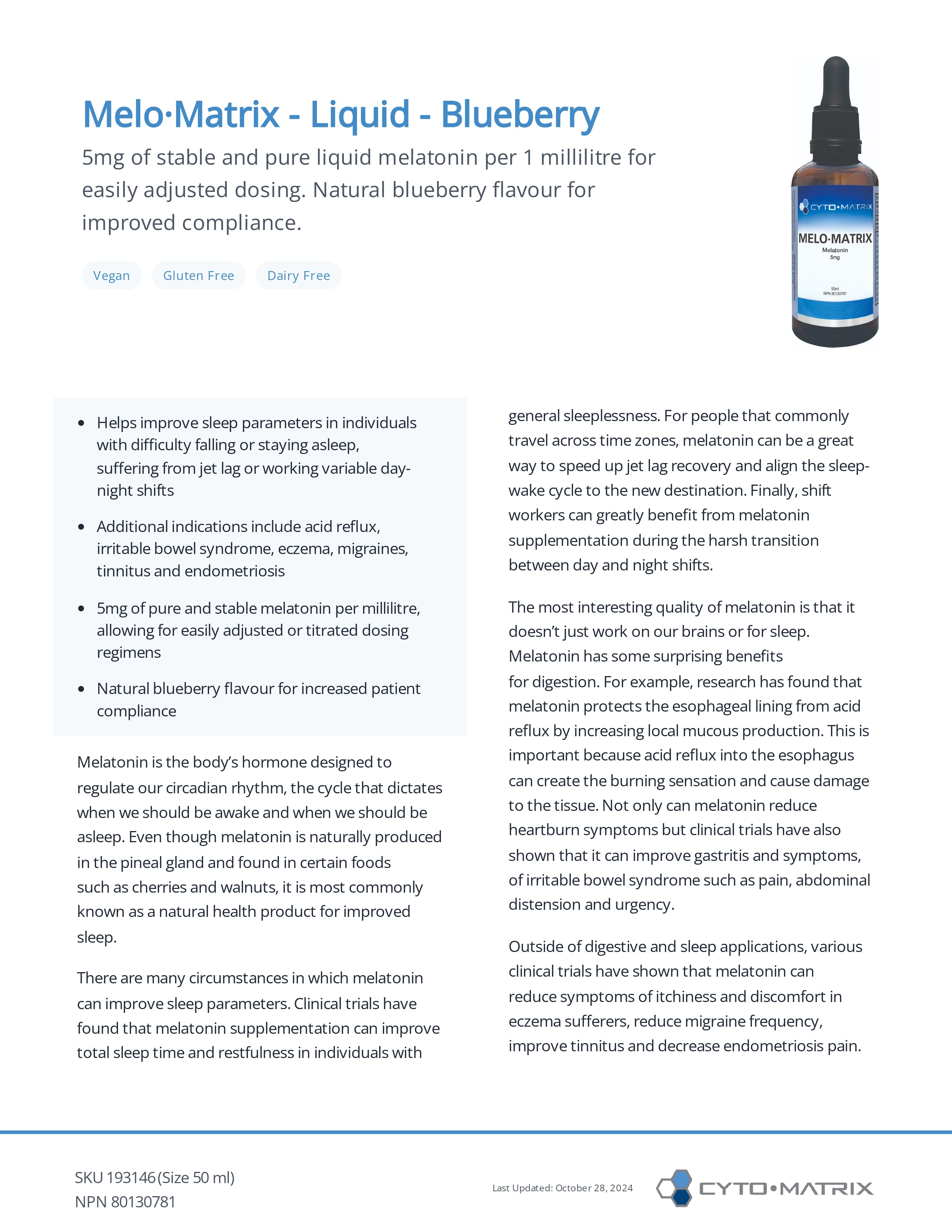 Melo-Matrix by Cytomatrix® – Liquid Melatonin 5 mg for Sleep & Circadian Rhythm Support | 50 mL