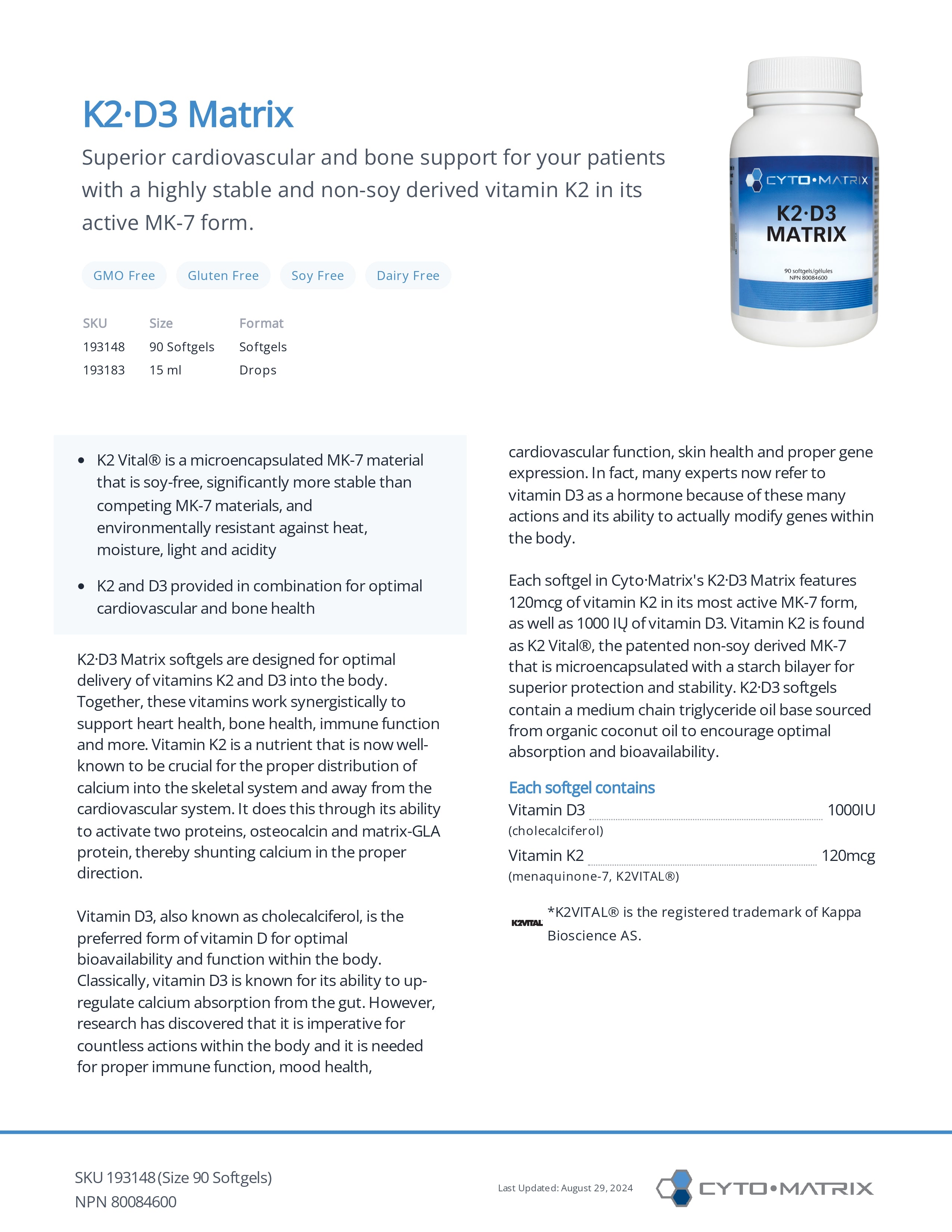 K2-D3 Matrix by Cytomatrix® – MK-7 Vitamin K2 & 1000 IU D3 Support | 90 Softgels