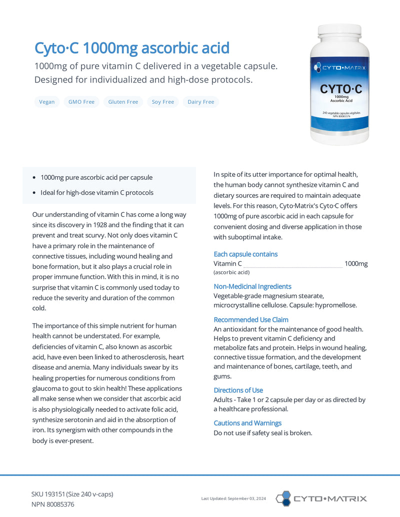 Cyto-C 1000mg Ascorbic Acid | Cytomatrix® | 240 Vegetable Capsule