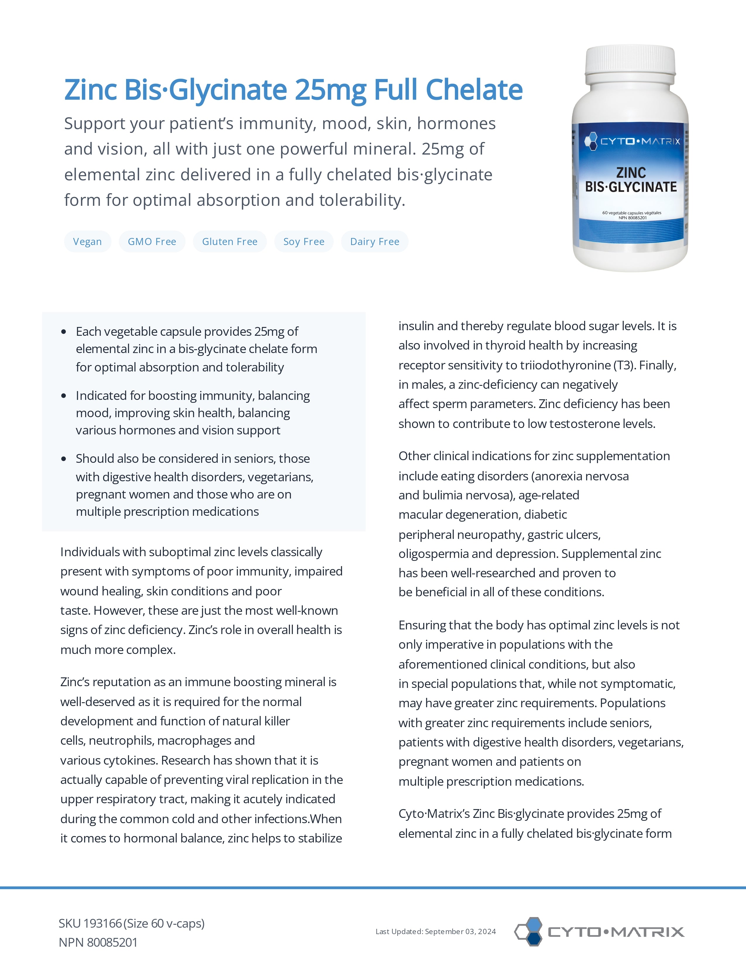 Zinc Bis-Glycinate by Cytomatrix® – Highly Absorbable Zinc Support | 60 Vegetable Capsules