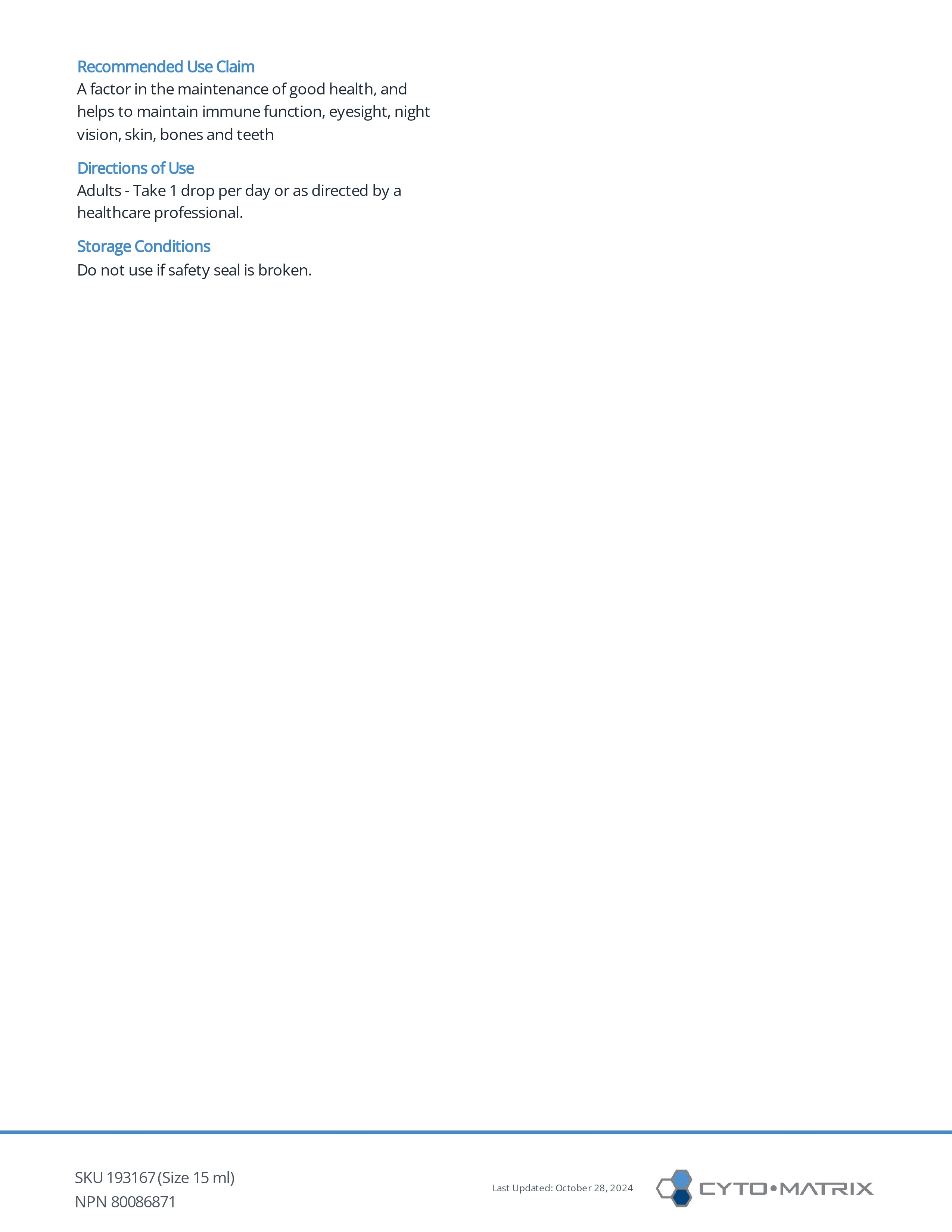 Cyto-A 10,000 IU Drops by Cytomatrix® – Liquid Vitamin A (Retinyl Palmitate) | 15 mL