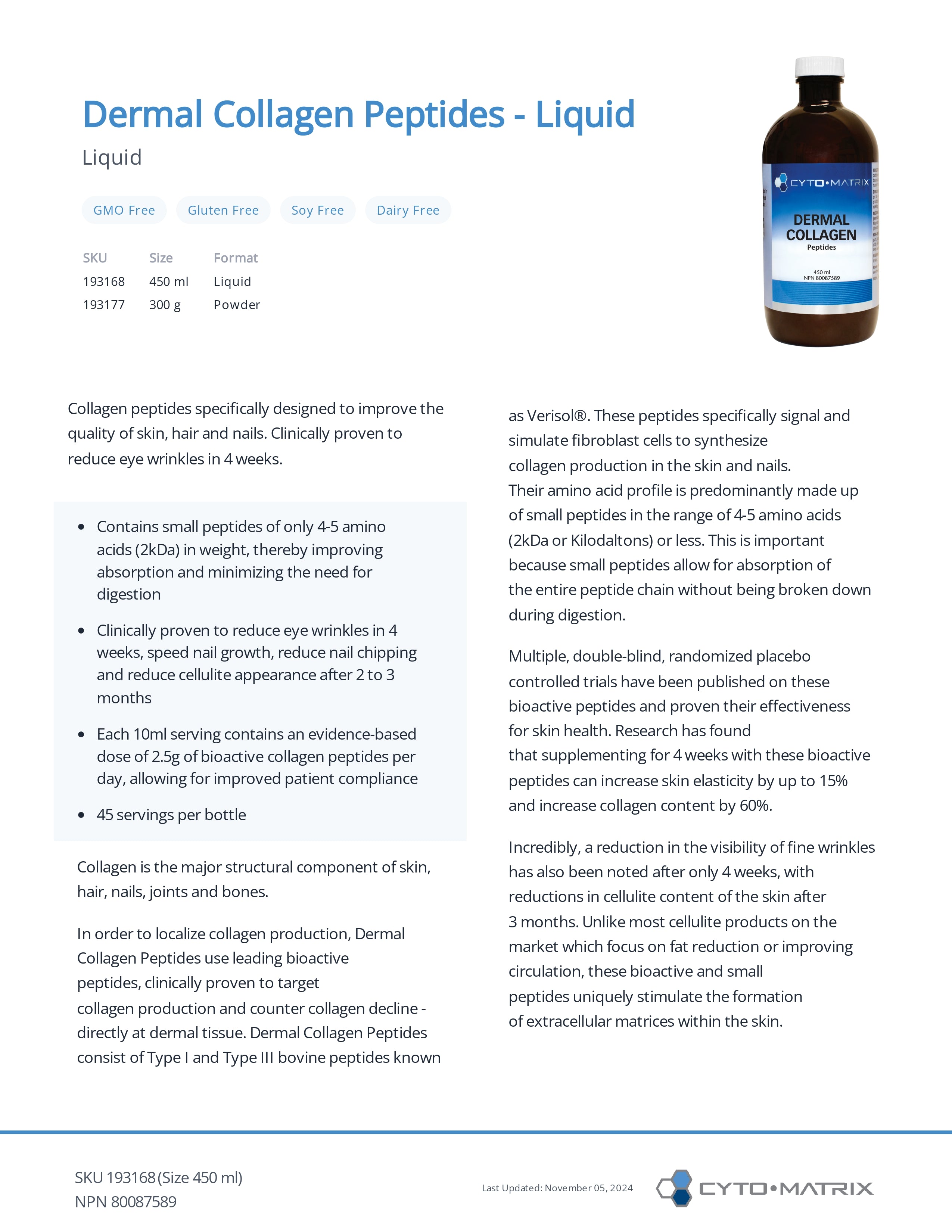 Dermal Collagen Peptides Liquid by Cytomatrix® – Skin Elasticity, Hair & Nail Support | 450 mL