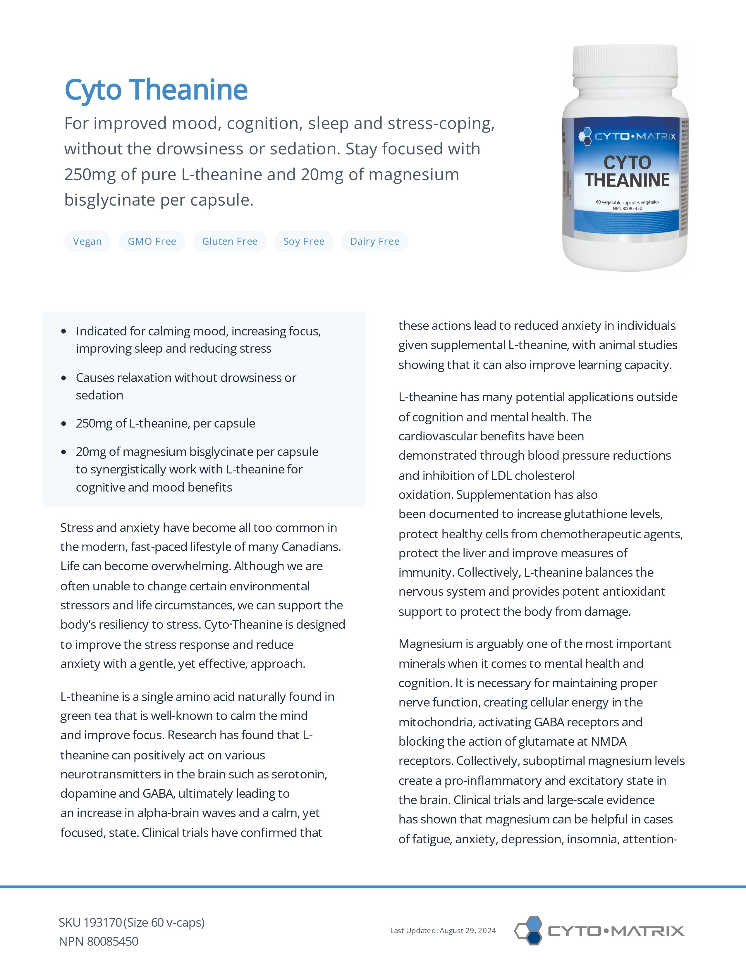 Cyto Theanine by Cytomatrix® – L-Theanine for Stress Relief & Calm Focus | 60 Vegetable Capsules