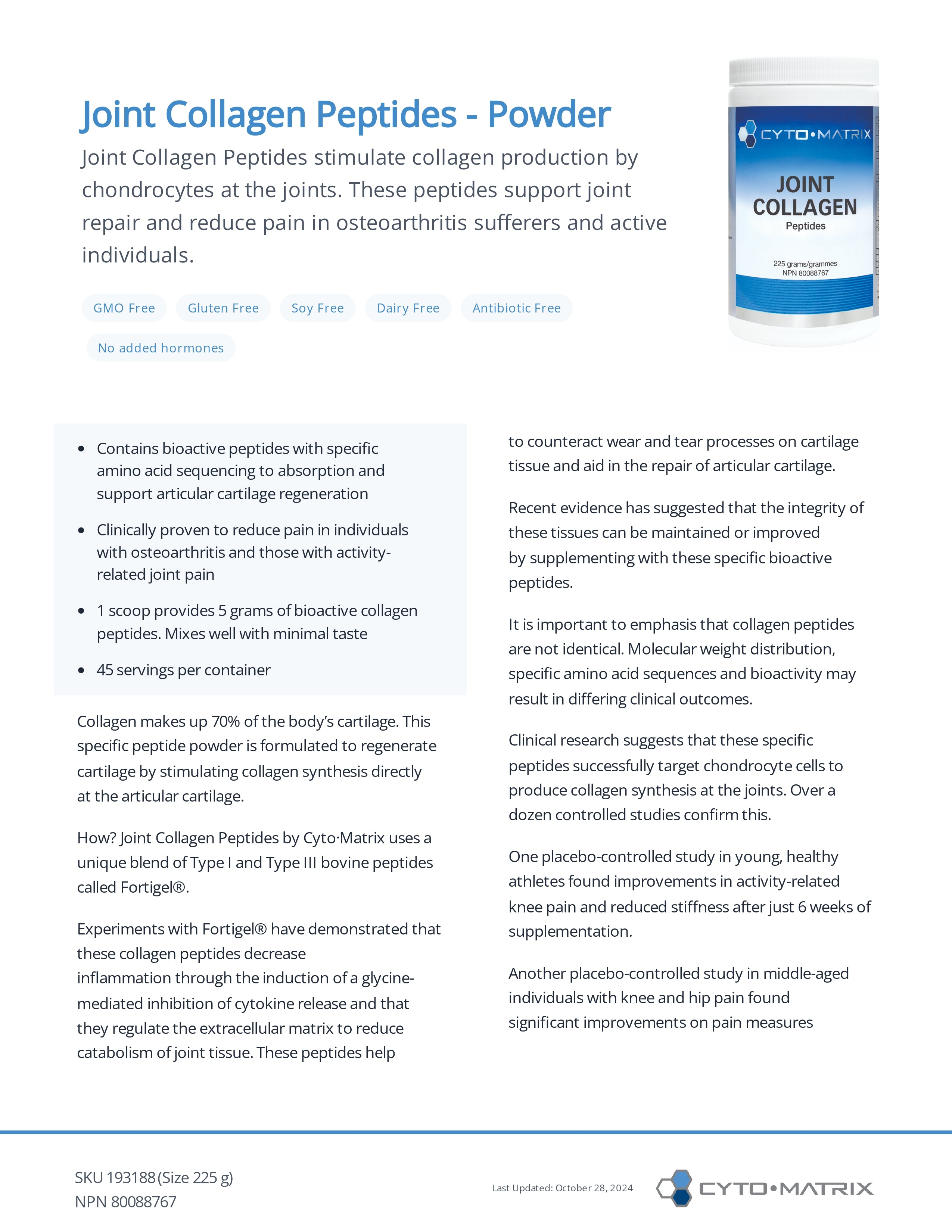 Joint Collagen Peptides Powder by Cytomatrix® – Joint, Bone & Tissue Support | 225 g