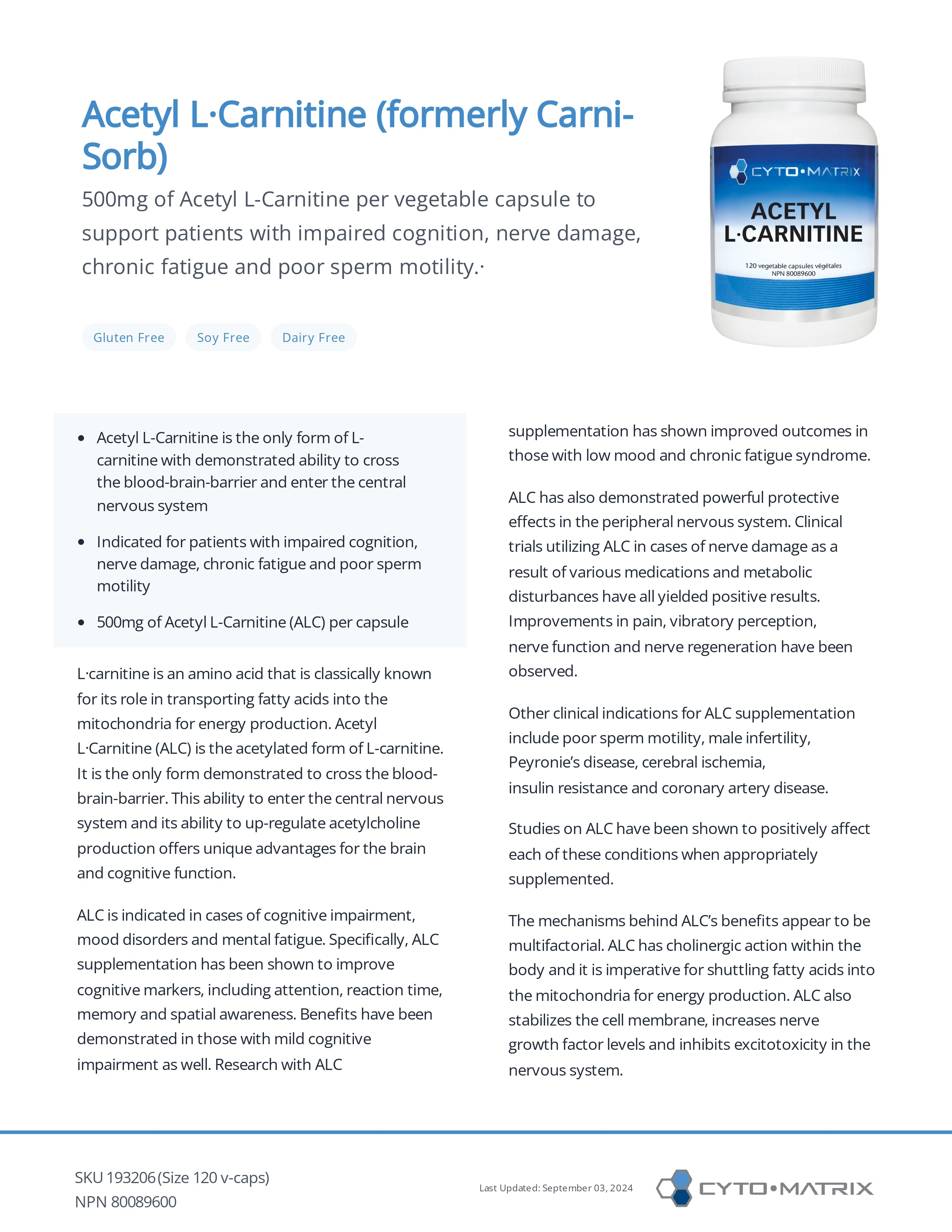 Acetyl L-Carnitine 500 mg by Cytomatrix® – Mitochondrial, Cognitive & Nerve Support | 120 Vegetable Capsules