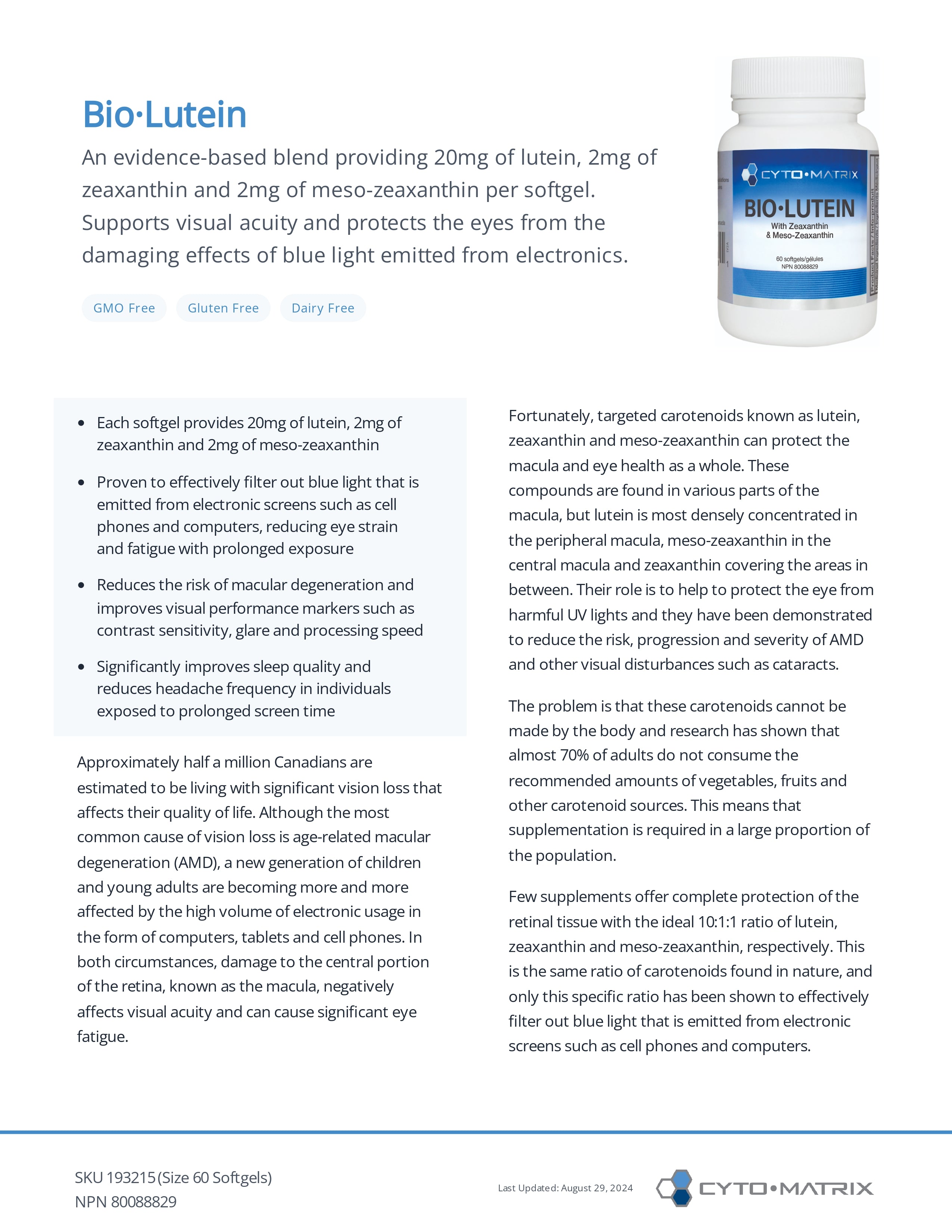 Bio-Lutein by Cytomatrix® – Lutein & Antioxidant Eye Support | 60 Softgels