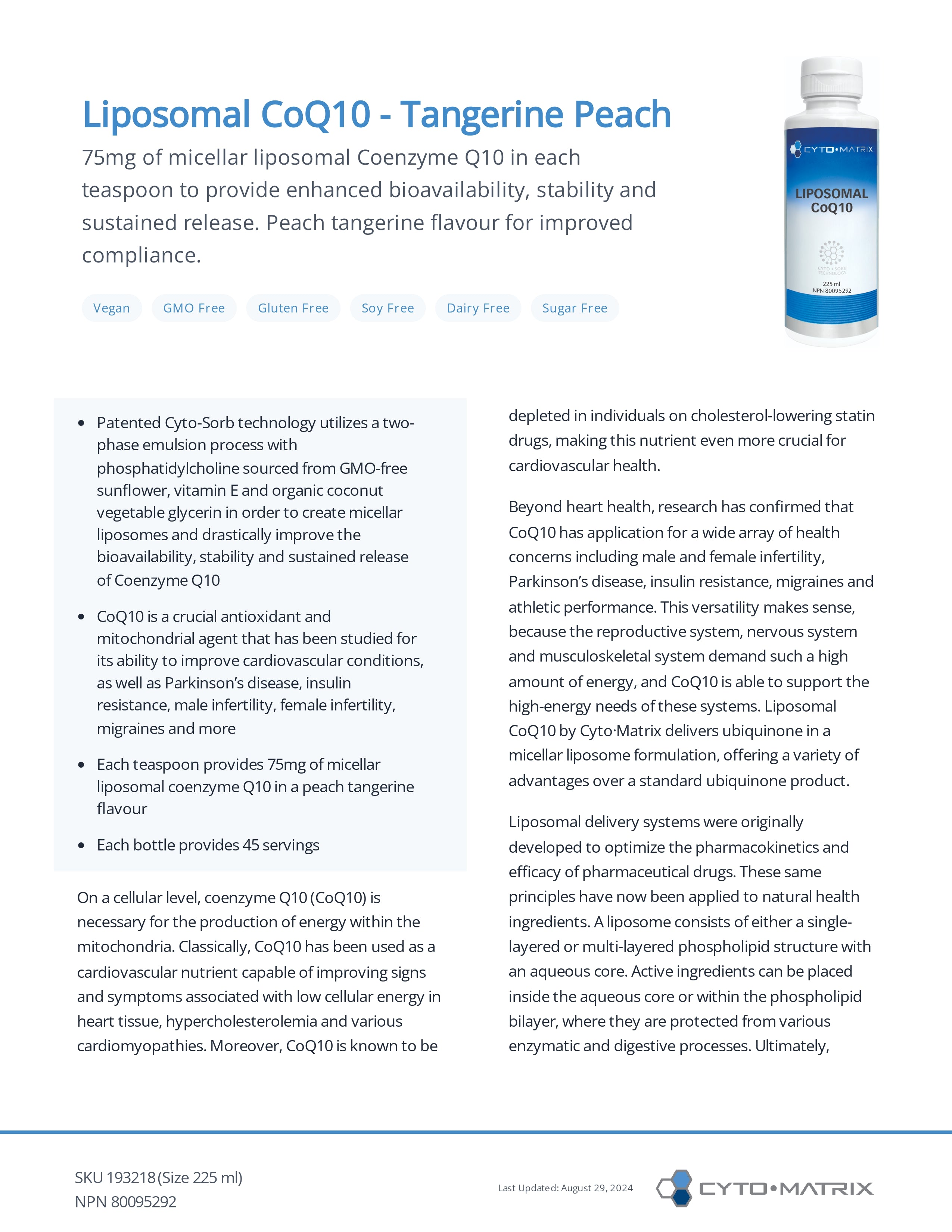 Liposomal CoQ10 by Cytomatrix® – Enhanced Absorption Cardiovascular & Energy Support | 225 mL