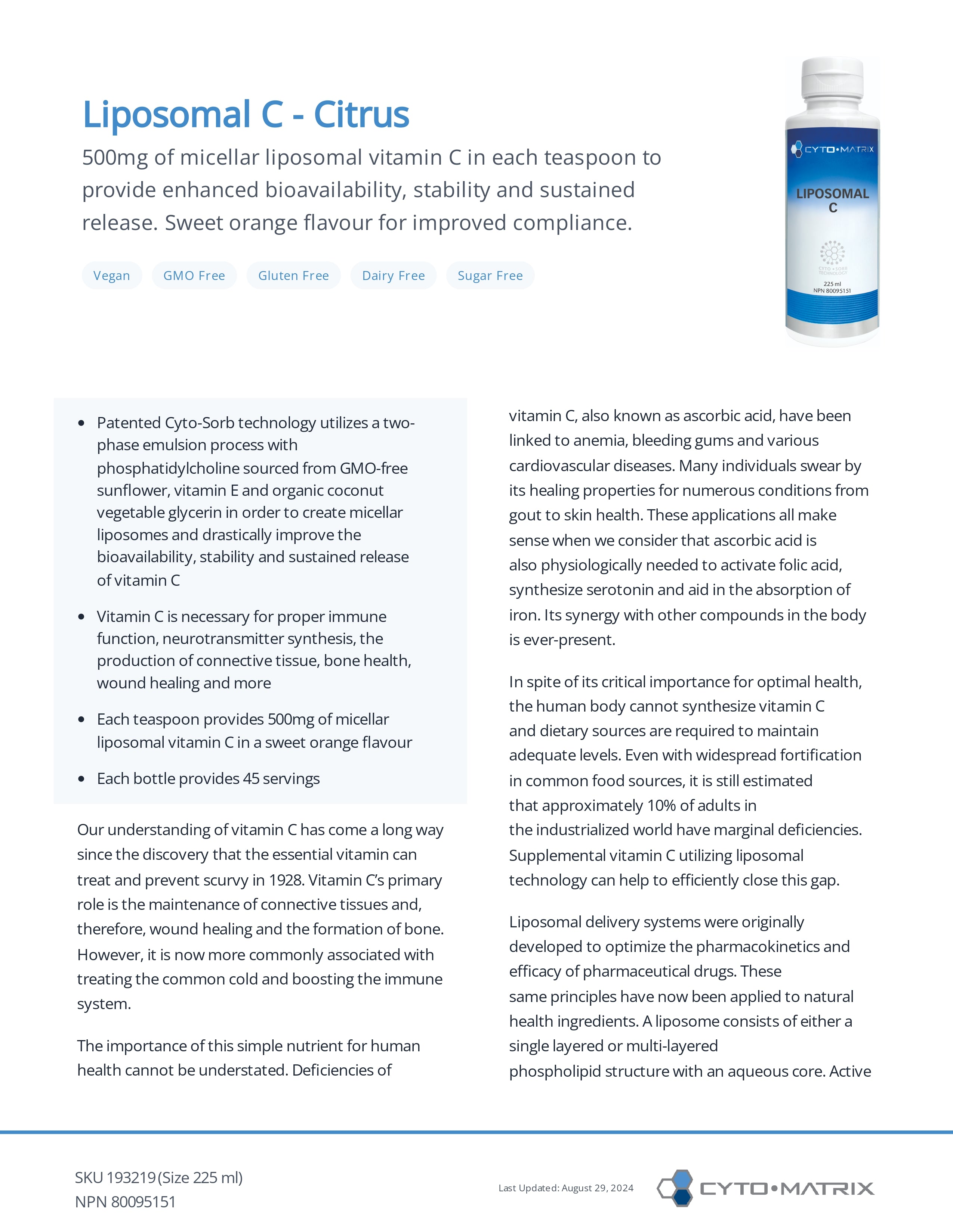 Liposomal C by Cytomatrix® – High-Absorption Vitamin C Immune Support | 225 mL