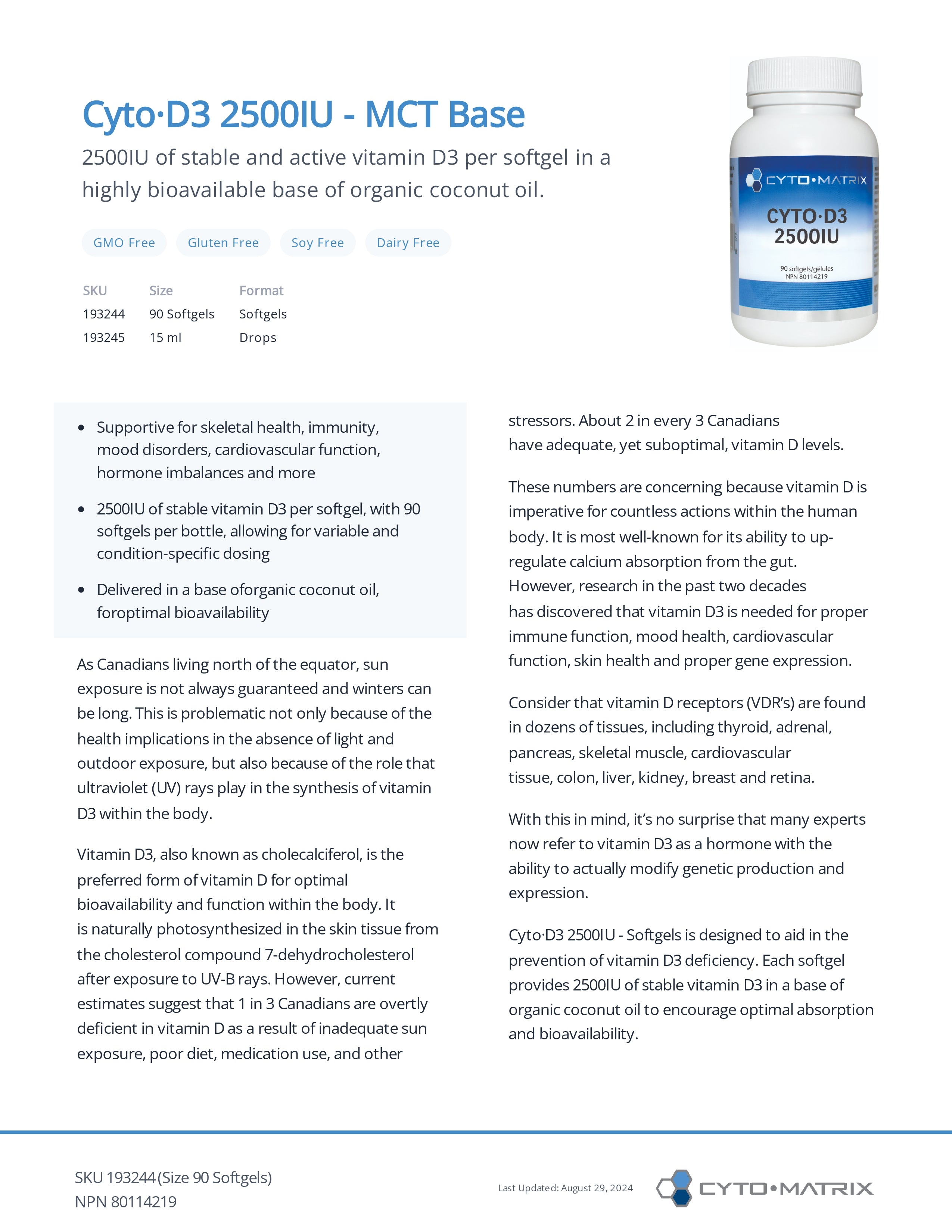 Cyto-D3 2500 IU by Cytomatrix® – High-Potency Vitamin D3 Support | 90 Softgels